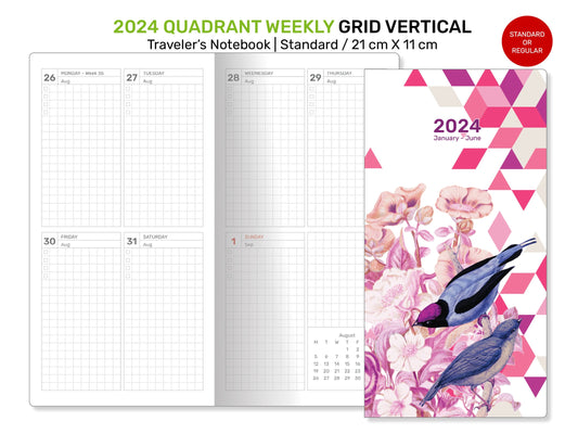 2024 Weekly Quadrant Traveler's Notebook Printable Wo2P Vertical GRID Standard Regular Size TN