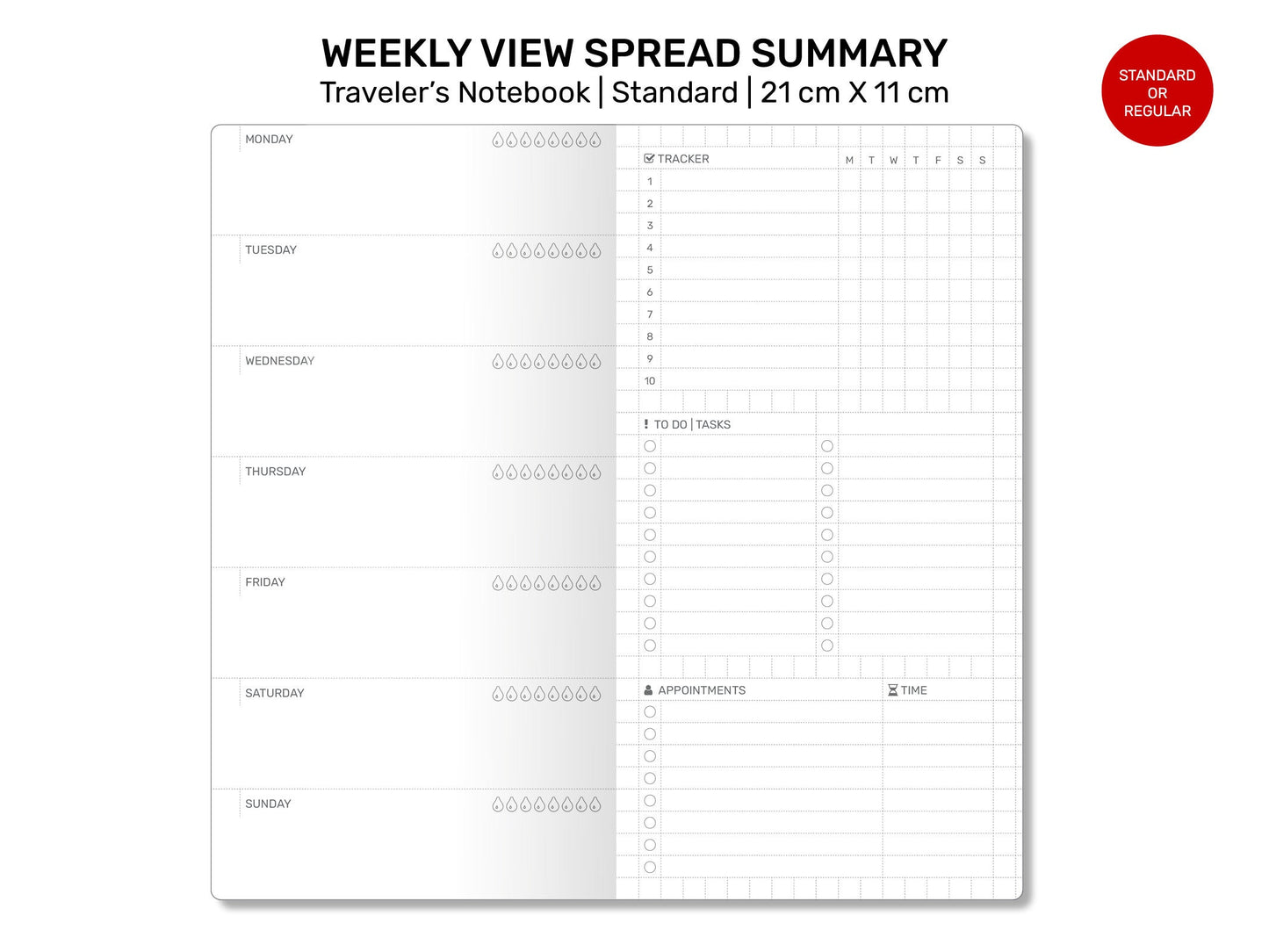 WEEKLY VIEW Summary Traveler's Notebook Traveler's Notebook Refill Printable Insert, Tracker, Standard Size, To Do List, Appointments