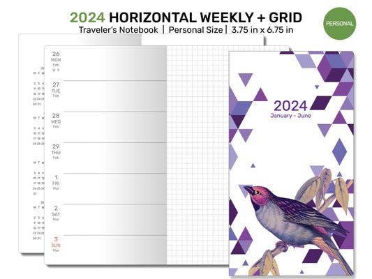 2024 Weekly Horizontal GRID Personal Traveler's Notebook Printable Diary Insert |  TN Minimalist DPER003-2024