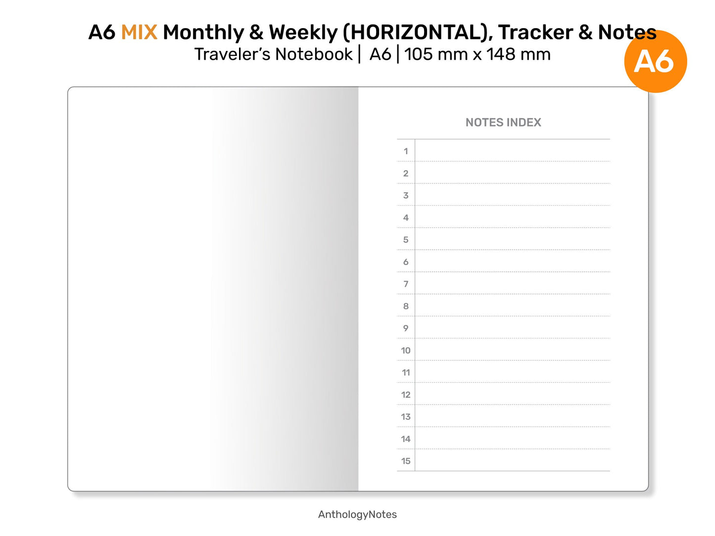 A6 MIX Monthly, Weekly Horizontal, Monthly Habit Tracker, Notes & List Printable Traveler's Notebook Refill Insert A622-006