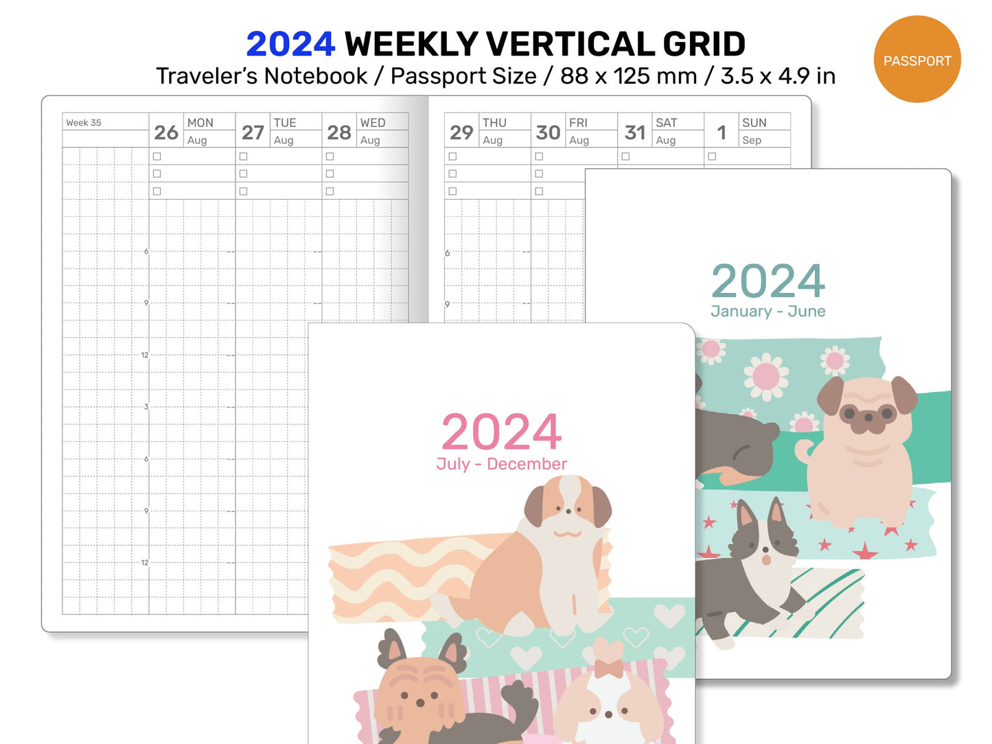 2024 Passport Weekly View GRID HOBONICHI inspired Printable Traveler's Notebook Minimalist Functional Planning
