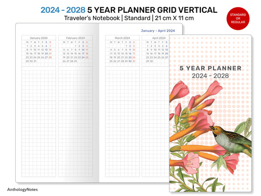 5 Year Planner Traveler's Notebook 2024 - 2028 FUTURE LOG Standard Size Printable Insert GRID Vertical