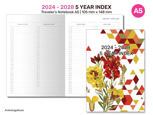 A5 TN 2024 - 2028 5-Year Index Printable Traveler's Notebook Insert Refill - Minimalist | DA522-002