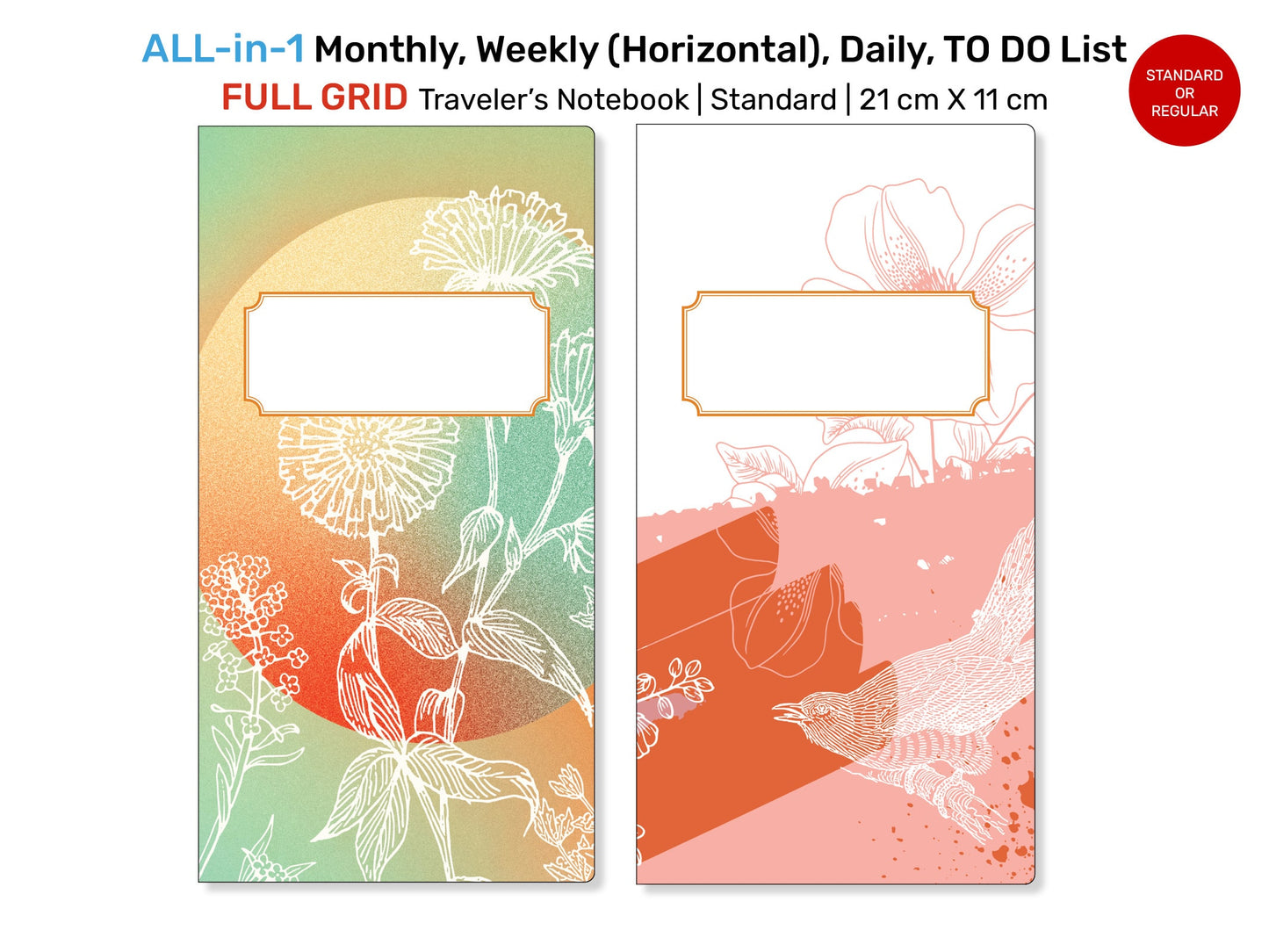 Standard TN ALL-in-1 Monthly, Weekly Horizontal, Daily, List Full GRID Printable Traveler's Notebook Insert