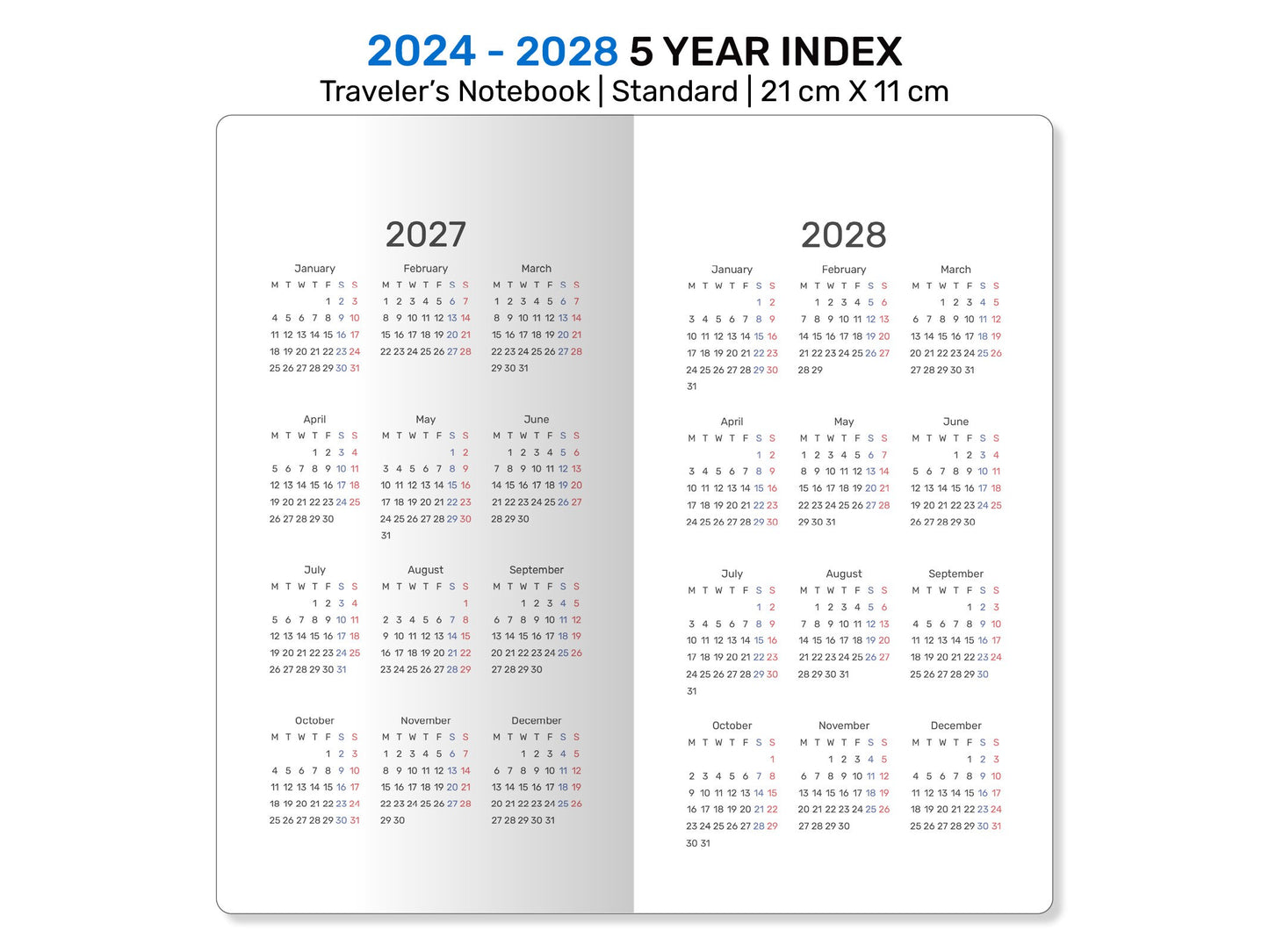 TN Standard 2024 - 2028 - 5 Year Index Printable Traveler's Notebook Insert  Future Log DSTN22-004