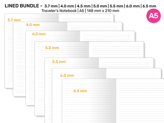 TN A5 LINED Pack Printable Refill Insert | 3.7 mm, 4 mm, 4.5 mm, 5 mm, 5.5 mm  6 mm, 6.5 mm Traveler's Notebook A522-016