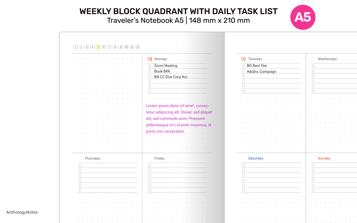 A5 Weekly Planner TN Block with Daily Task List Dotgrid Traveler's Notebook Printable Refill Insert - A522-019