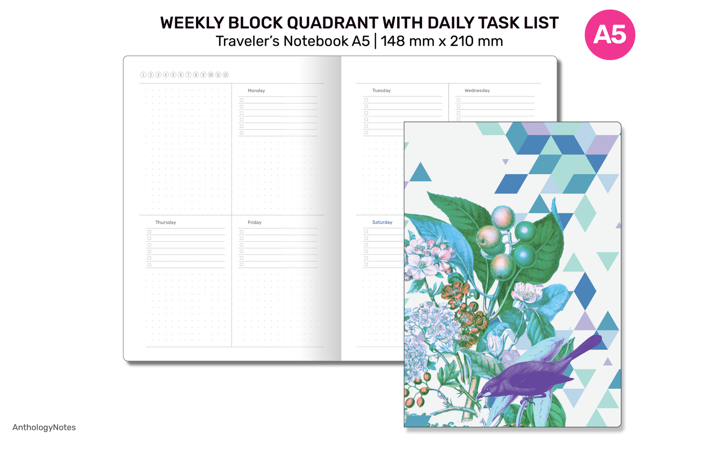 A5 Weekly Planner TN Block with Daily Task List Dotgrid Traveler's Notebook Printable Refill Insert - A522-019