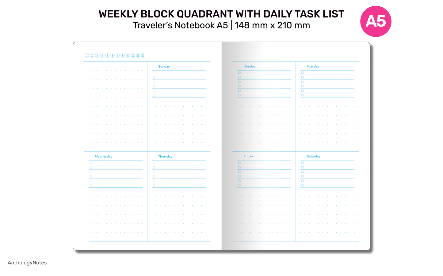 A5 Weekly Planner TN Block with Daily Task List Dotgrid Traveler's Notebook Printable Refill Insert - A522-019