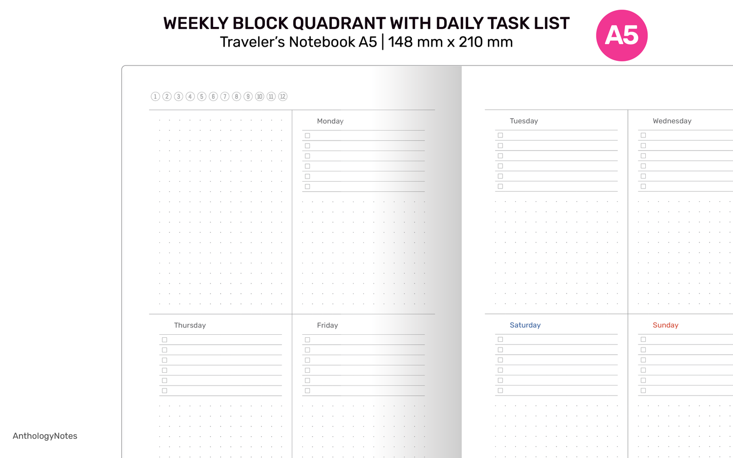 A5 Weekly Planner TN Block with Daily Task List Dotgrid Traveler's Notebook Printable Refill Insert - A522-019