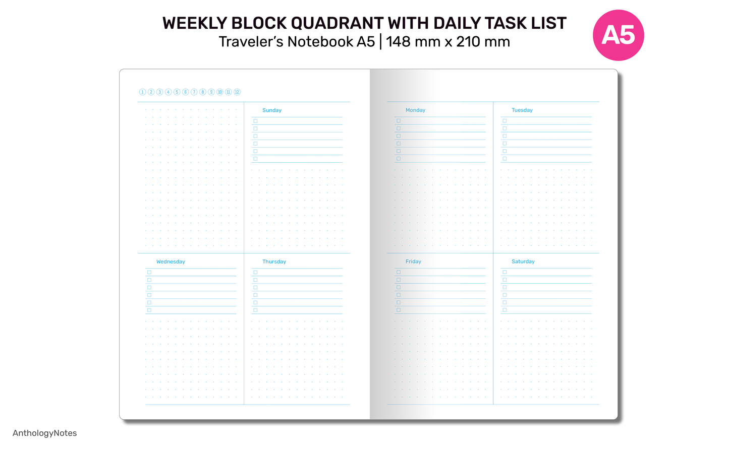 A5 Weekly Planner TN Block with Daily Task List Dotgrid Traveler's Notebook Printable Refill Insert - A522-019