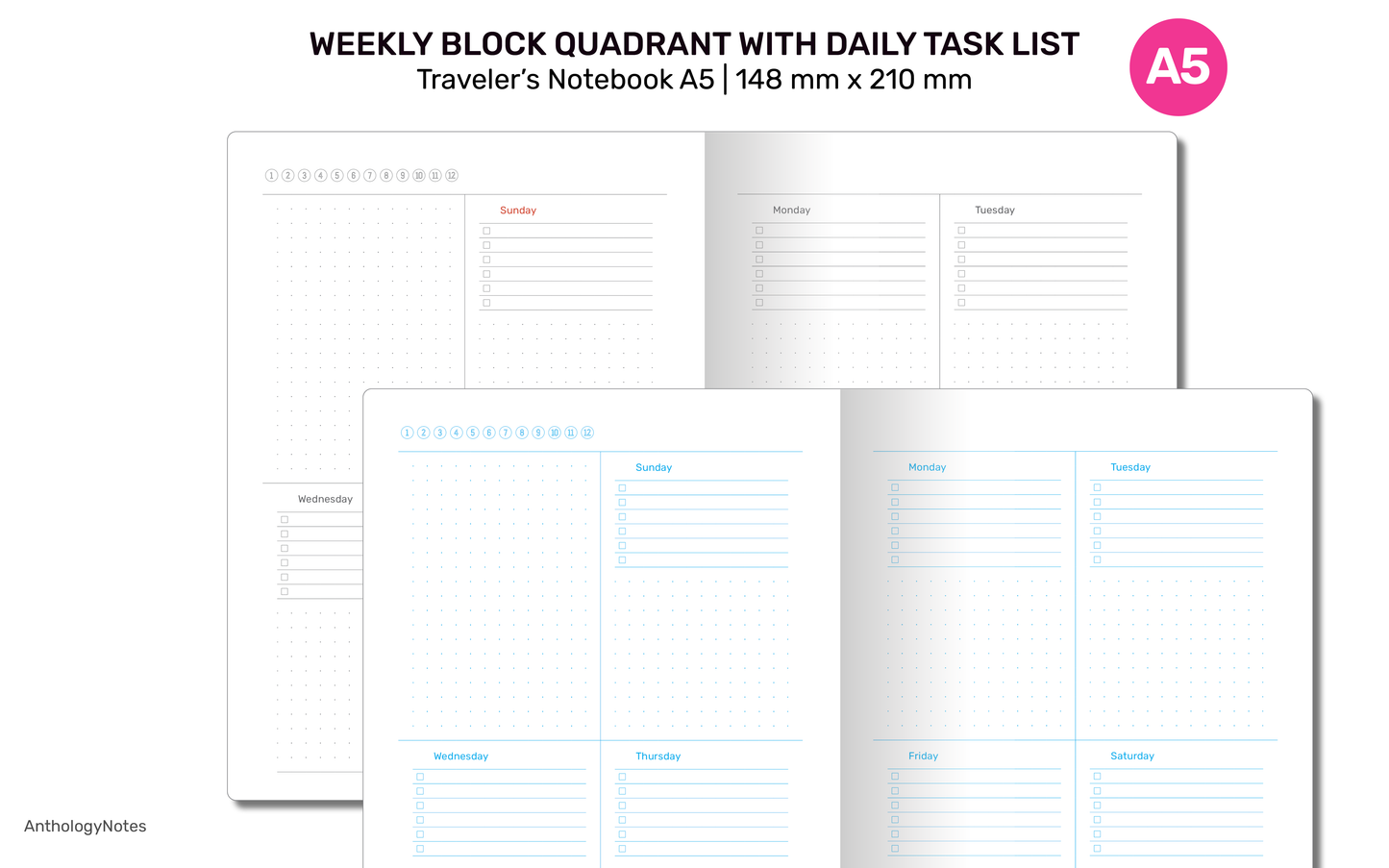 A5 Weekly Planner TN Block with Daily Task List Dotgrid Traveler's Notebook Printable Refill Insert - A522-019