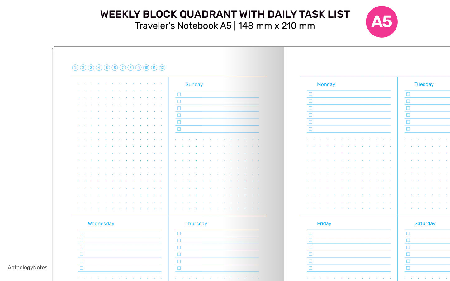 A5 Weekly Planner TN Block with Daily Task List Dotgrid Traveler's Notebook Printable Refill Insert - A522-019