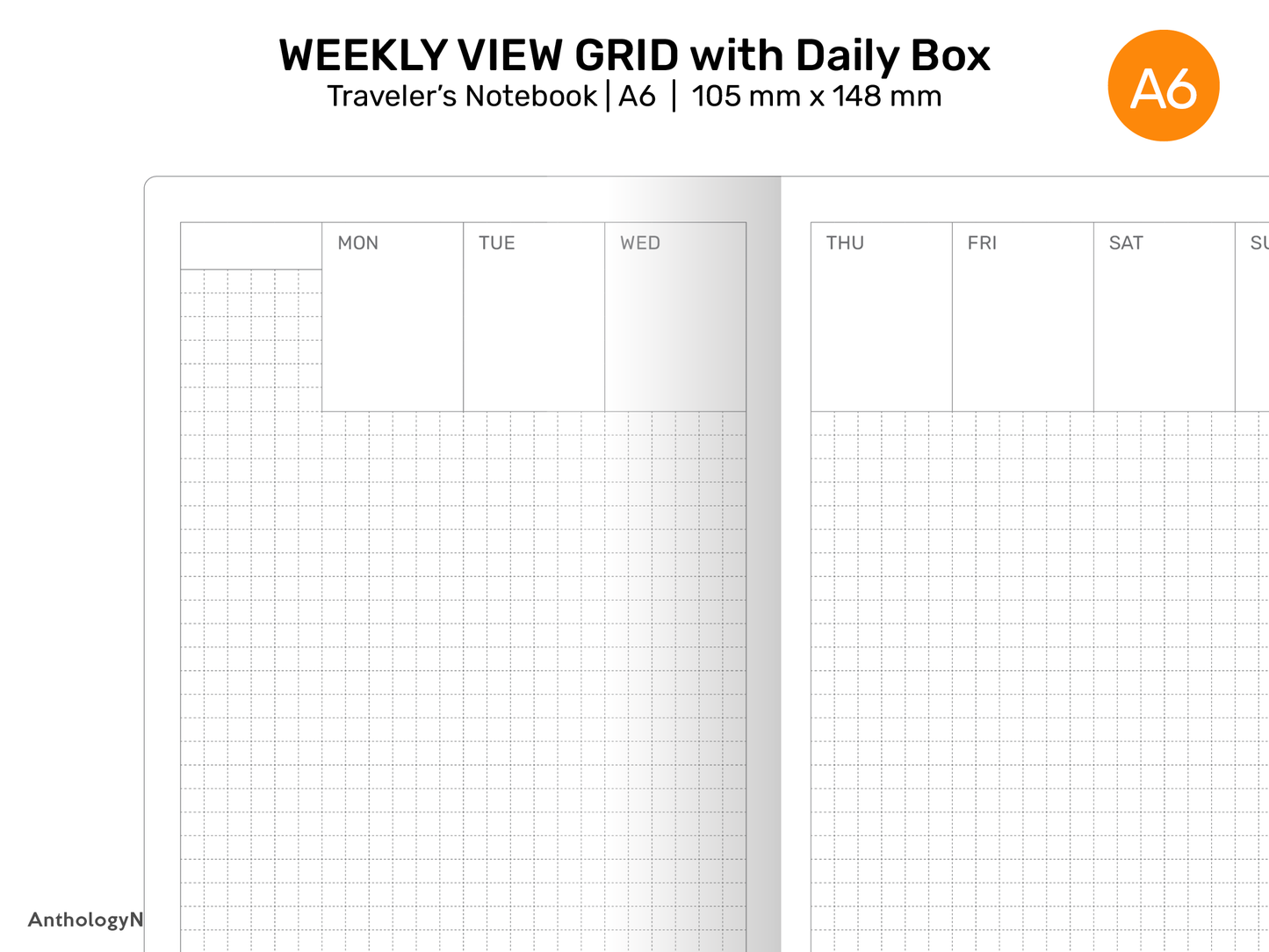 TN A6 Weekly GRID Vertical - with Daily Boxes Printable Refill Insert for Traveler's Notebook A6022-008