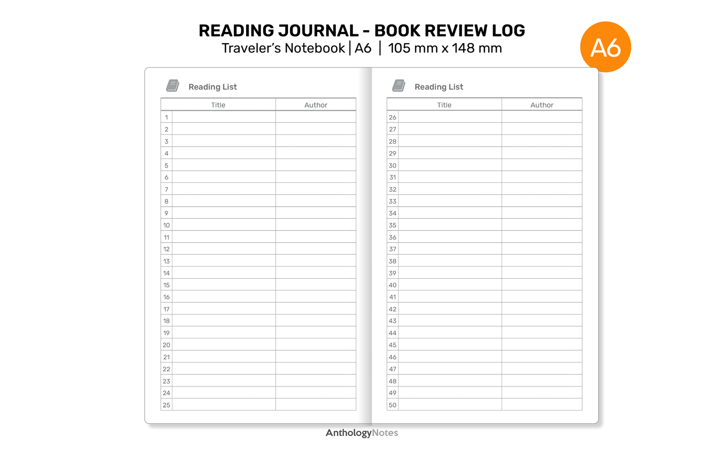 TN A6 READING Journal Printable Refill Insert for Traveler's Notebook - Book Review Log - A622-009