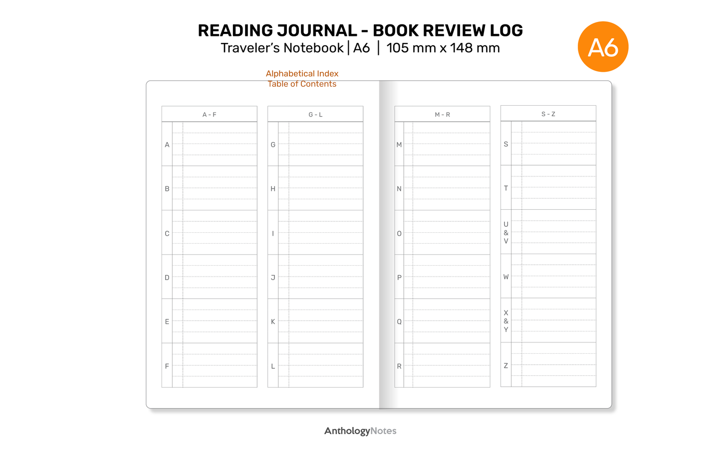 TN A6 READING Journal Printable Refill Insert for Traveler's Notebook - Book Review Log - A622-009