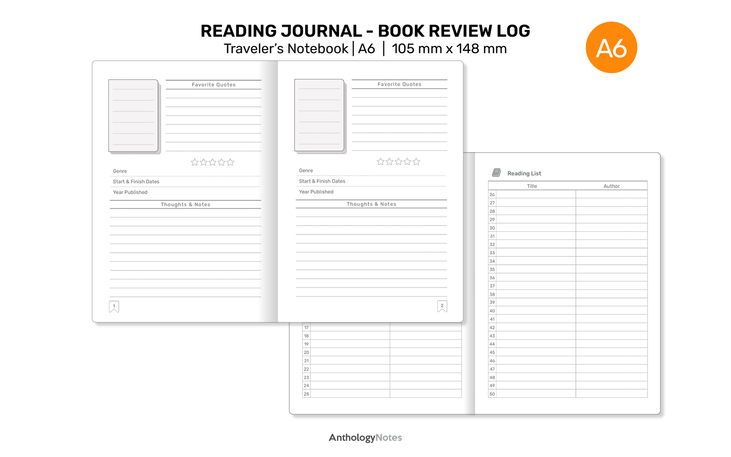 TN A6 READING Journal Printable Refill Insert for Traveler's Notebook - Book Review Log - A622-009