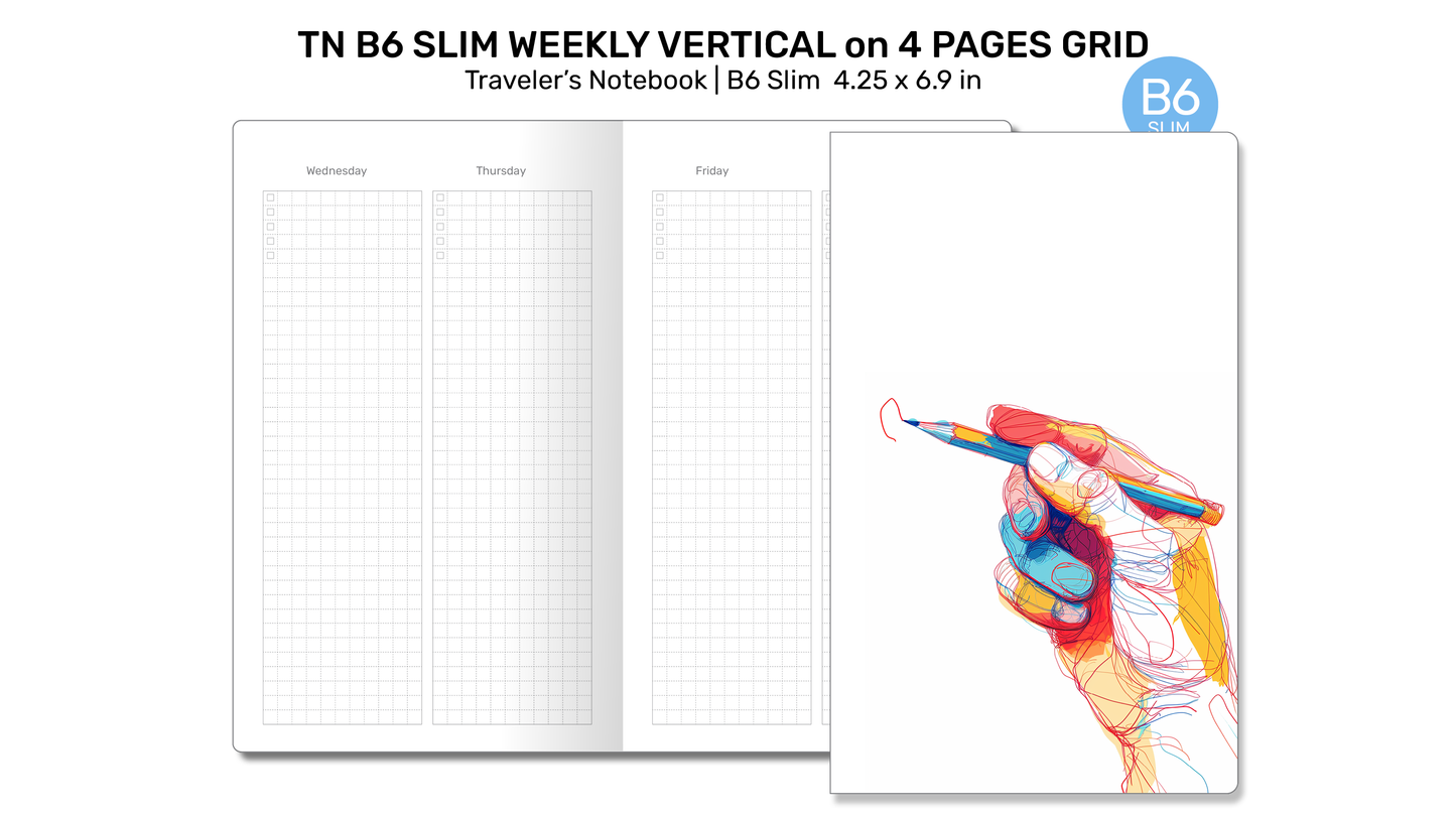 TN B6 Slim Weekly VERTICAL GRID Traveler's Notebook Wo4P Minimalist Functional Insert Monday or Sunday Start B6SL22002