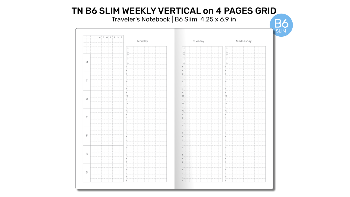 TN B6 Slim Weekly VERTICAL GRID Traveler's Notebook Wo4P Minimalist Functional Insert Monday or Sunday Start B6SL22002