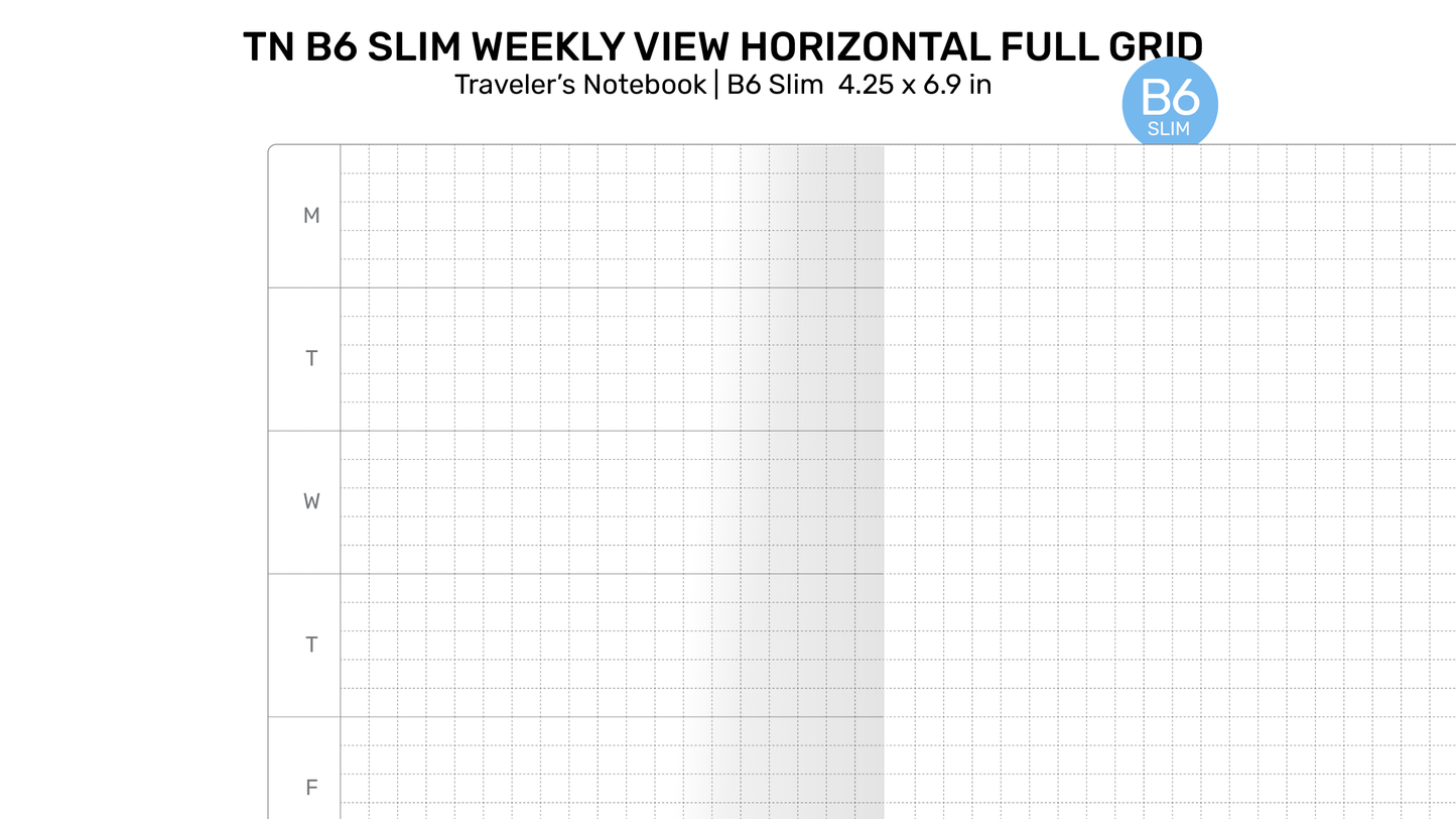 TN B6 Slim WEEKLY Horizontal Full GRID Traveler's Notebook Printable Insert - Monday or Sunday Start B6SL005-22