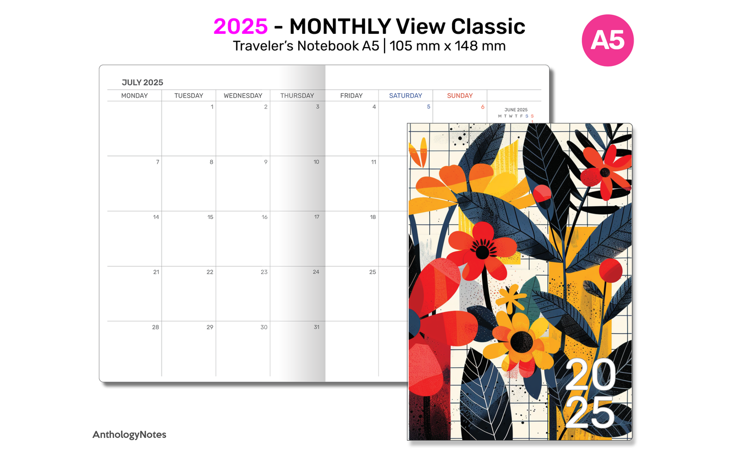 2025 Monthly Planner A5 TN Printable Insert Traveler's Notebook Mo2P Minimalist DA5001