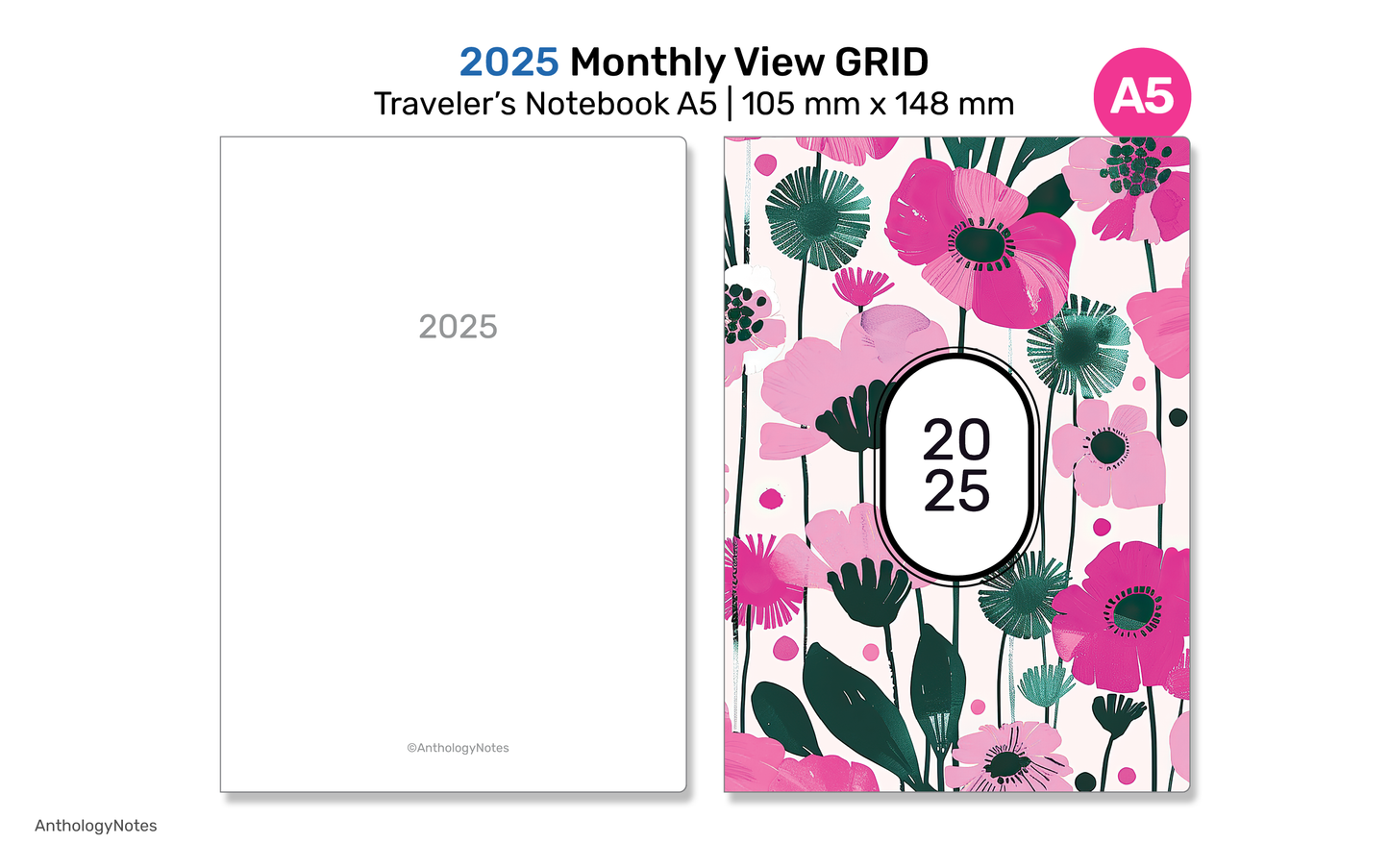 A5 2025 Monthly Planner View GRID Printable TN Insert - Traveler's Notebook Refill | DA22-001-2025