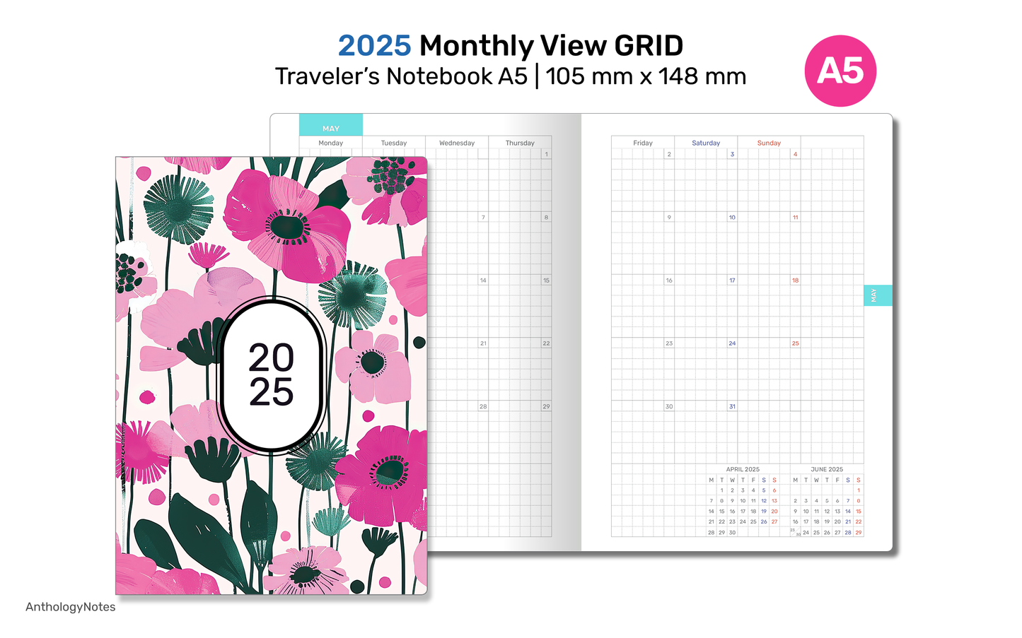 A5 2025 Monthly Planner View GRID Printable TN Insert - Traveler's Notebook Refill | DA22-001-2025