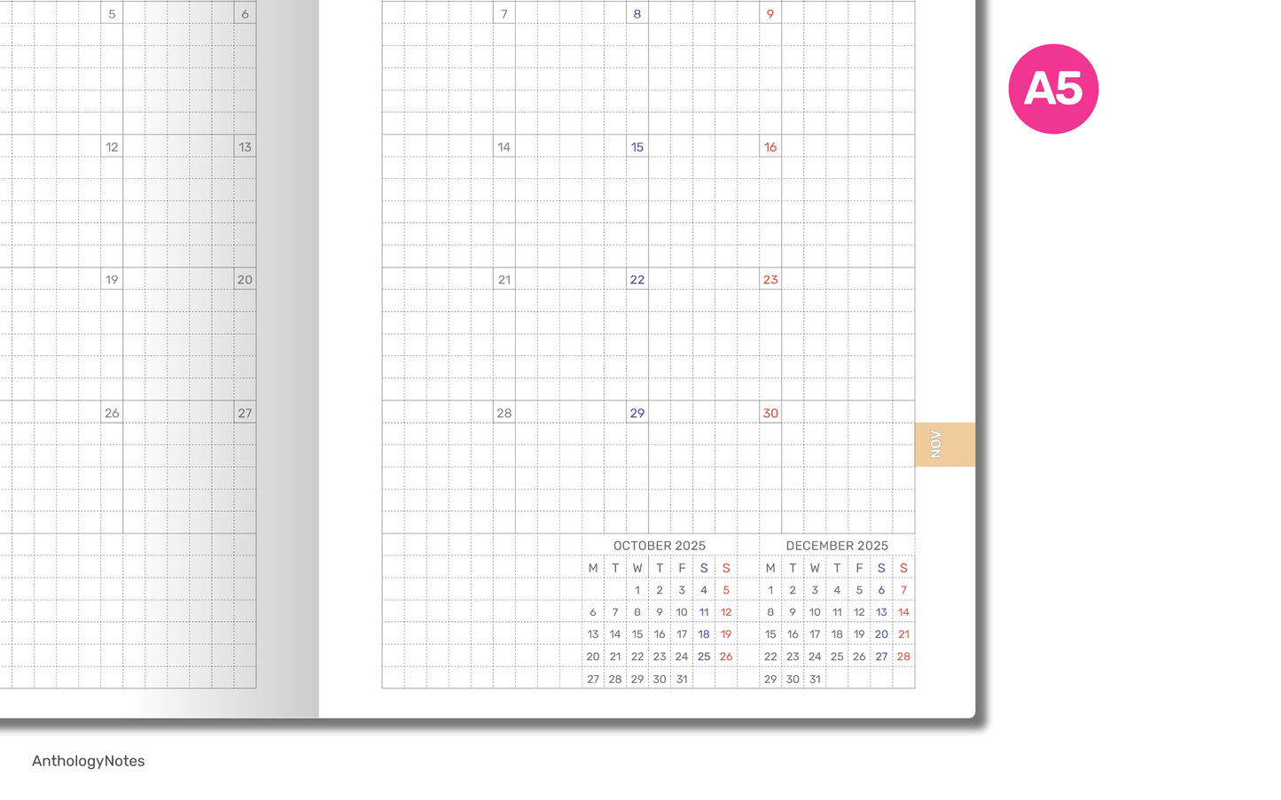 A5 2025 Monthly Planner View GRID Printable TN Insert - Traveler's Notebook Refill | DA22-001-2025