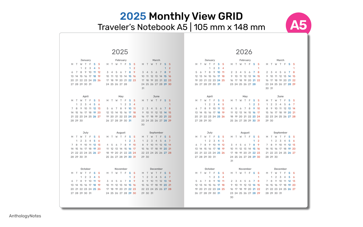 A5 2025 Monthly Planner View GRID Printable TN Insert - Traveler's Notebook Refill | DA22-001-2025