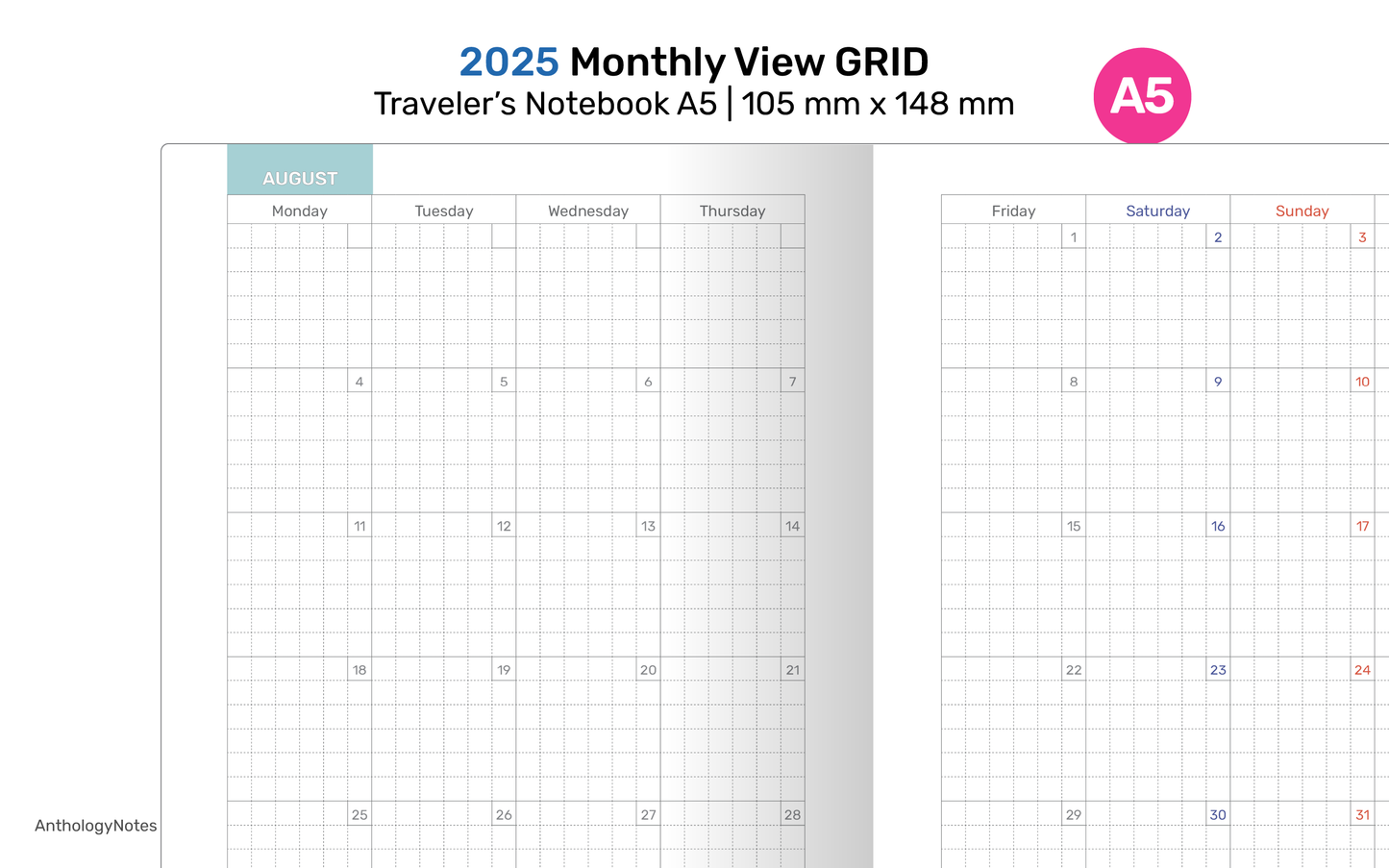 A5 2025 Monthly Planner View GRID Printable TN Insert - Traveler's Notebook Refill | DA22-001-2025