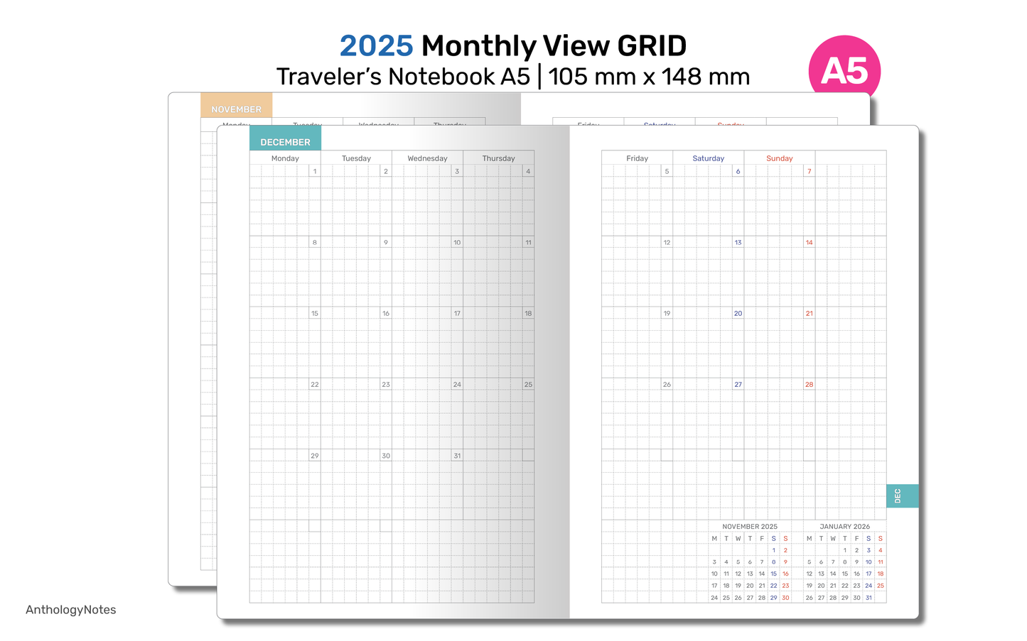 A5 2025 Monthly Planner View GRID Printable TN Insert - Traveler's Notebook Refill | DA22-001-2025