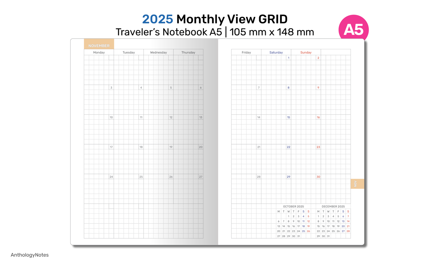 A5 2025 Monthly Planner View GRID Printable TN Insert - Traveler's Notebook Refill | DA22-001-2025