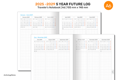 A6 5 YEAR Planner 2025 - 2029 FUTURE Log Vertical GRID for Traveler's Notebook | DA6001-2025