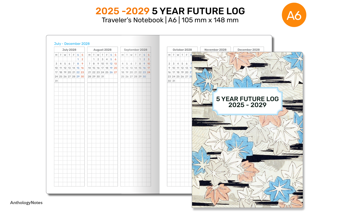 A6 5 YEAR Planner 2025 - 2029 FUTURE Log Vertical GRID for Traveler's Notebook | DA6001-2025