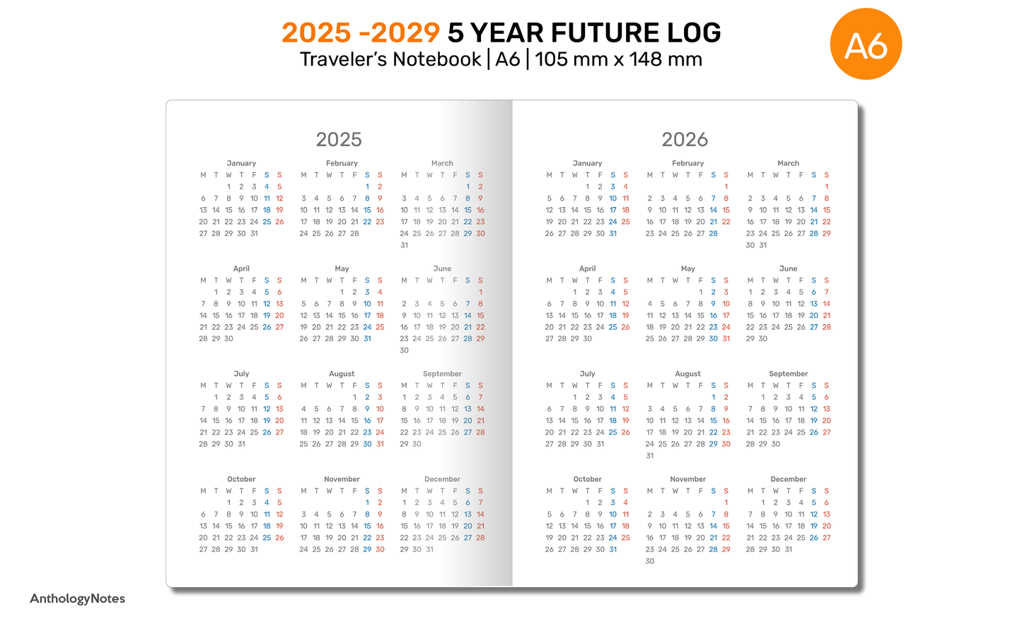 A6 5 YEAR Planner 2025 - 2029 FUTURE Log Vertical GRID for Traveler's Notebook | DA6001-2025