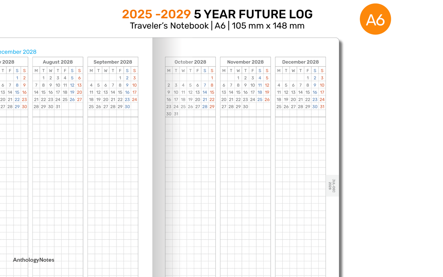 A6 5 YEAR Planner 2025 - 2029 FUTURE Log Vertical GRID for Traveler's Notebook | DA6001-2025