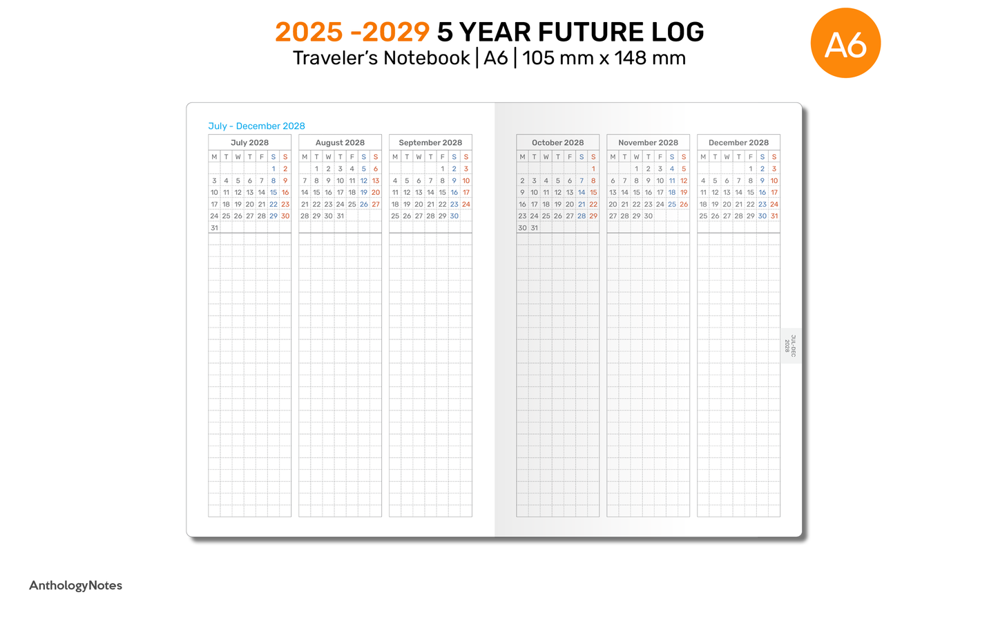 A6 5 YEAR Planner 2025 - 2029 FUTURE Log Vertical GRID for Traveler's Notebook | DA6001-2025