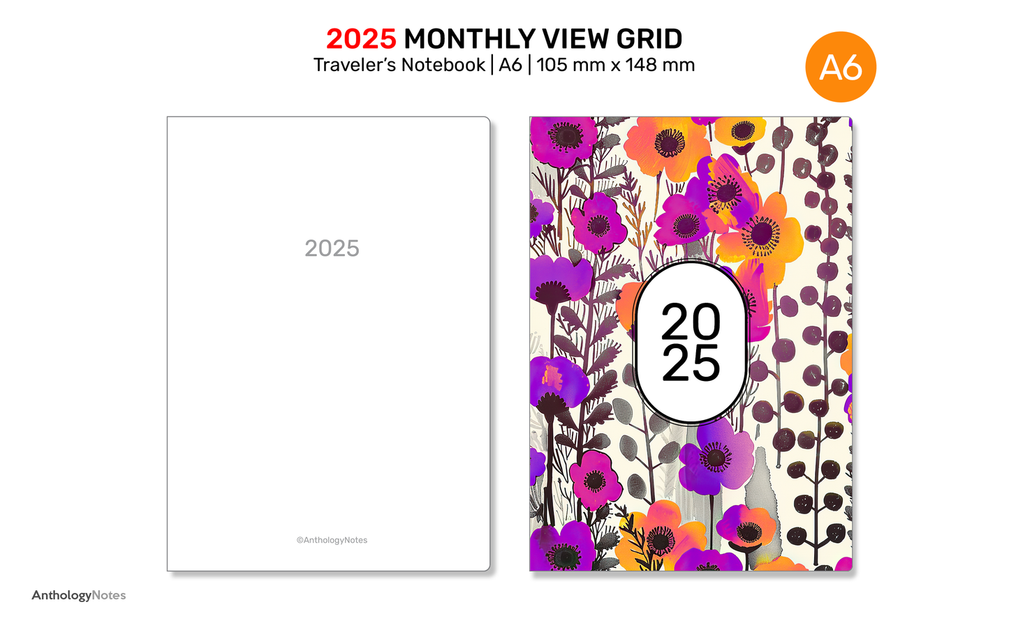 A6 2025 Monthly GRID Traveler's Notebook Printable Diary Insert DA6007B-2025