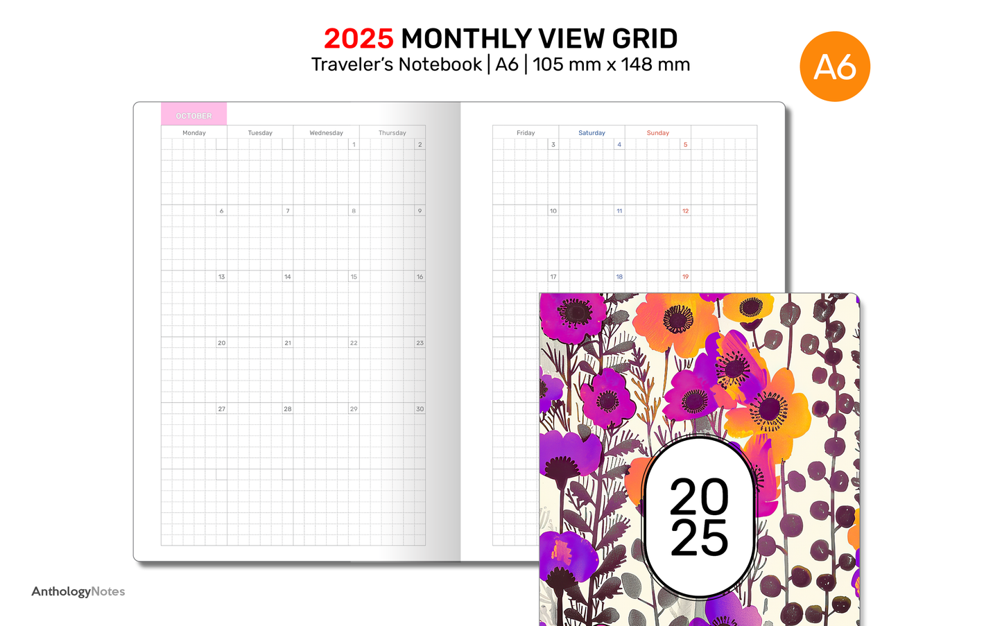 A6 2025 Monthly GRID Traveler's Notebook Printable Diary Insert DA6007B-2025