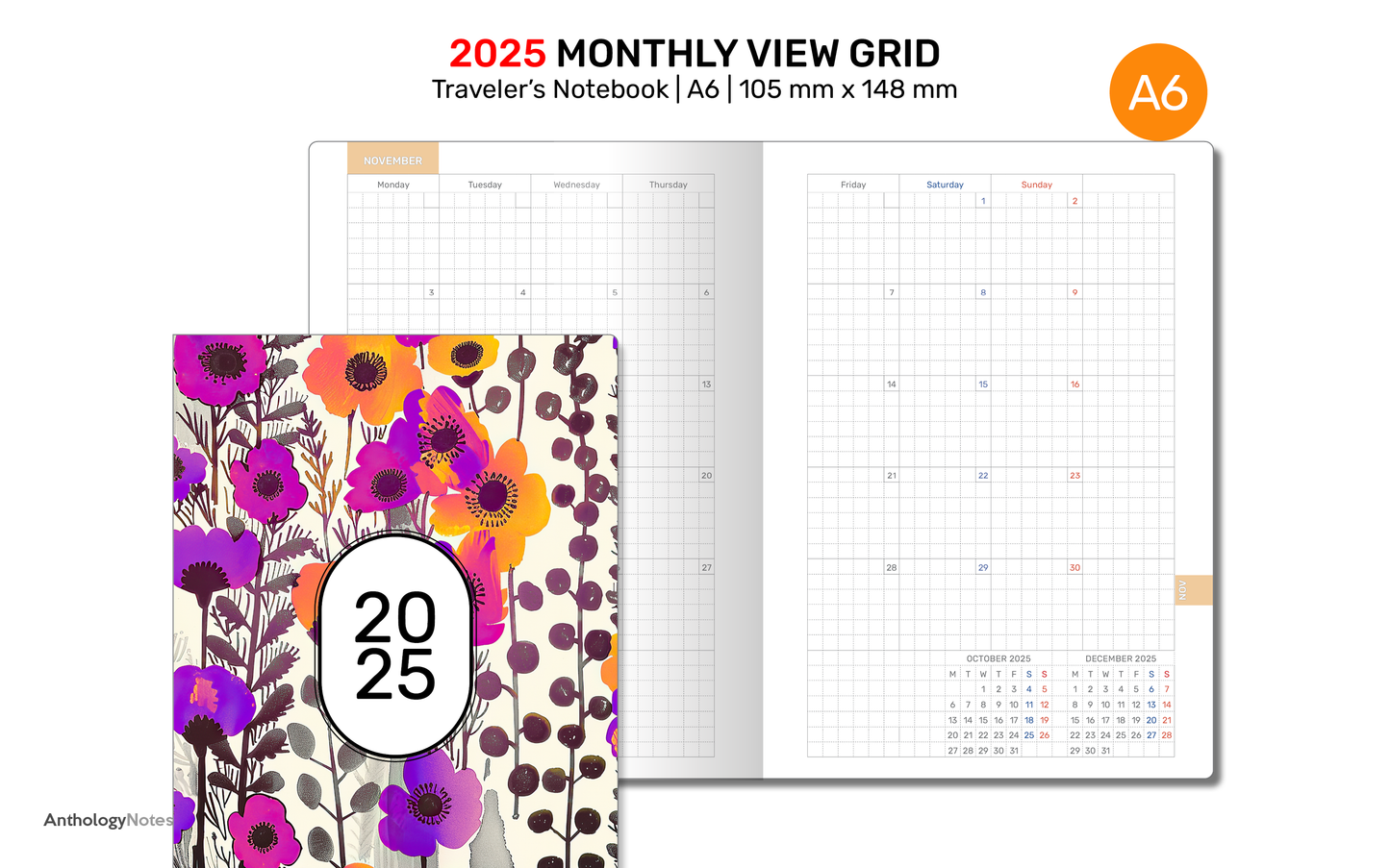 A6 2025 Monthly GRID Traveler's Notebook Printable Diary Insert DA6007B-2025