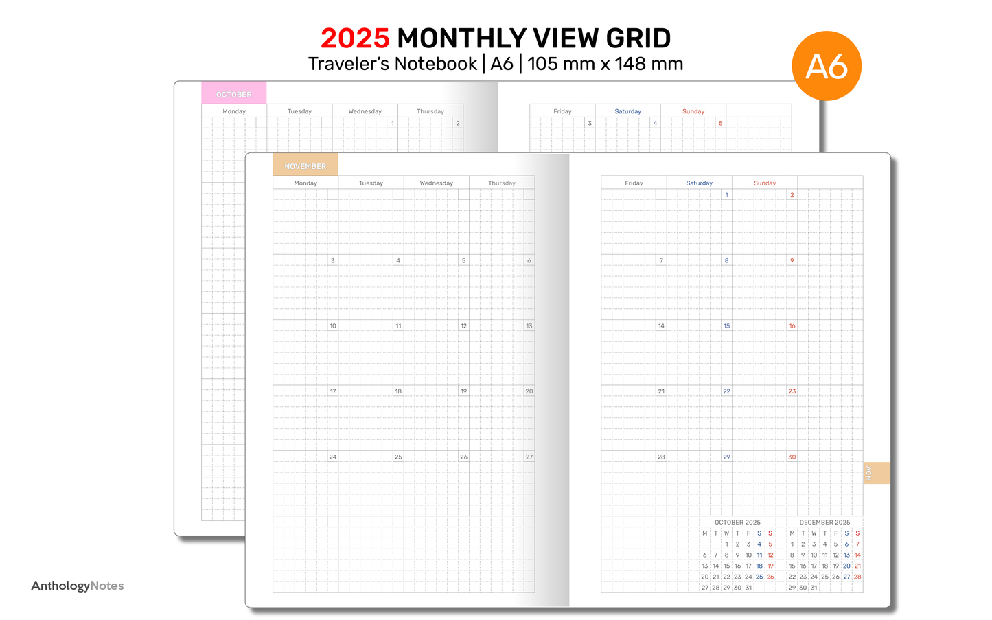 A6 2025 Monthly GRID Traveler's Notebook Printable Diary Insert DA6007B-2025