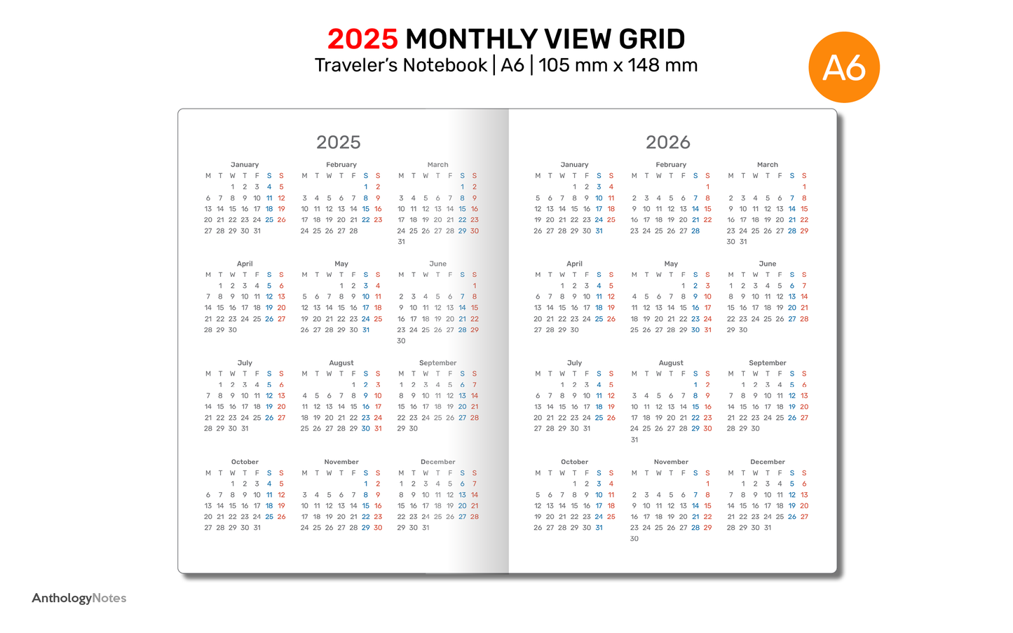 A6 2025 Monthly GRID Traveler's Notebook Printable Diary Insert DA6007B-2025