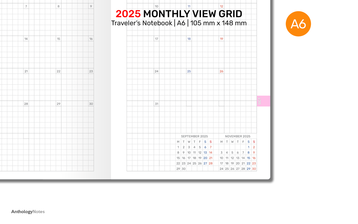 A6 2025 Monthly GRID Traveler's Notebook Printable Diary Insert DA6007B-2025