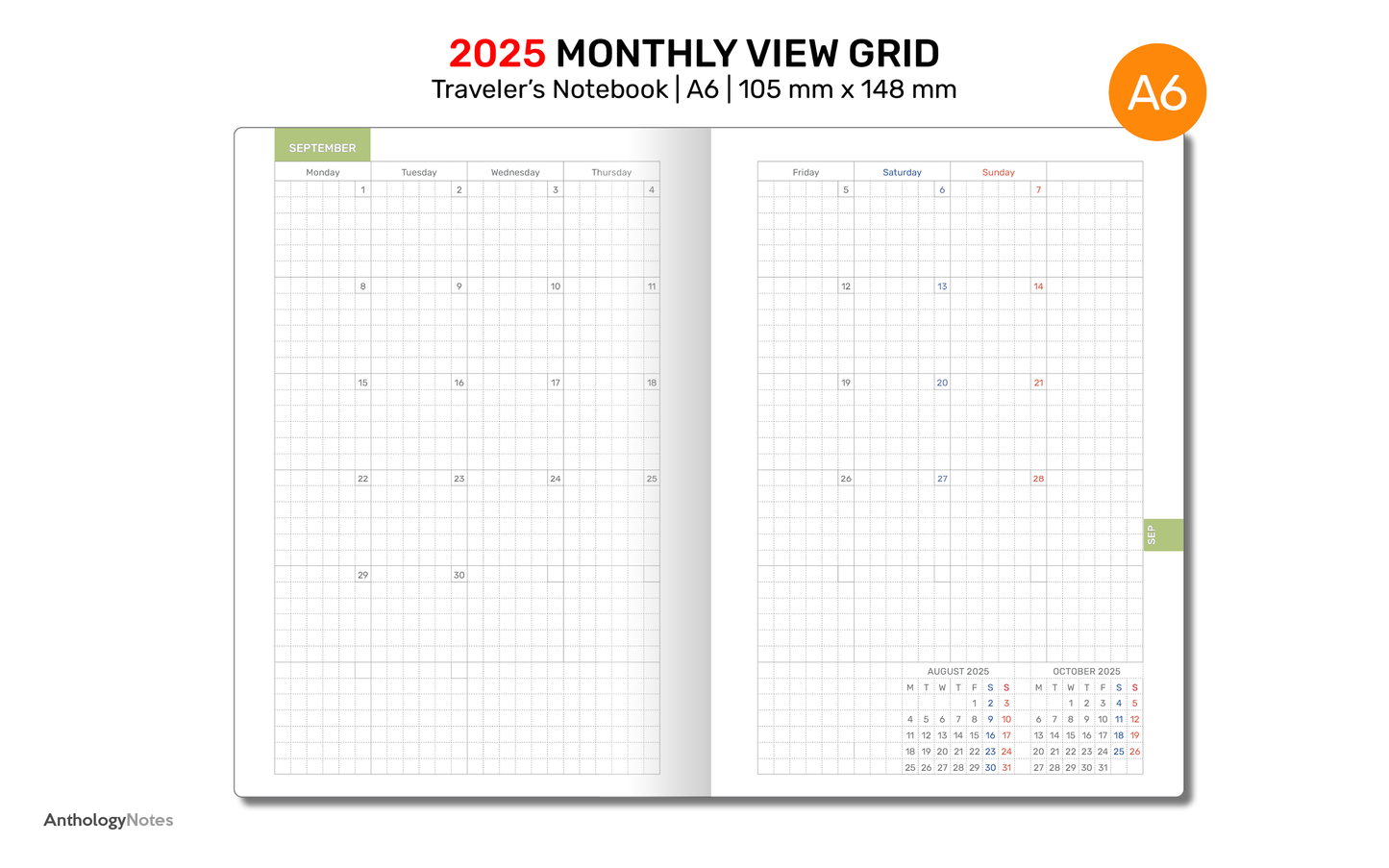 A6 2025 Monthly GRID Traveler's Notebook Printable Diary Insert DA6007B-2025