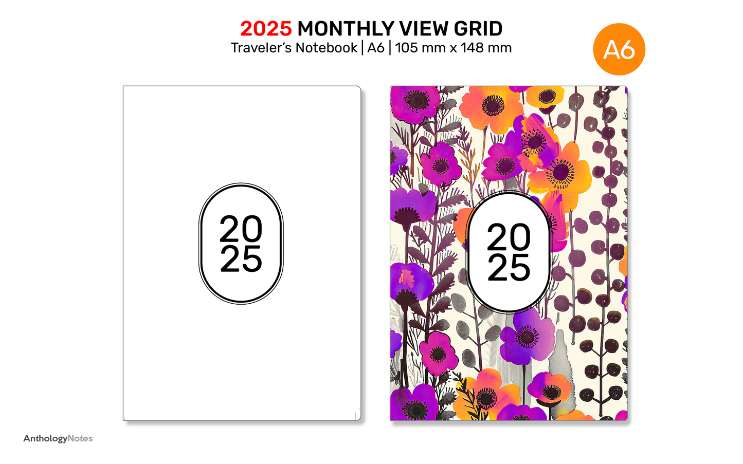 A6 2025 Monthly GRID Traveler's Notebook Printable Diary Insert DA6007B-2025