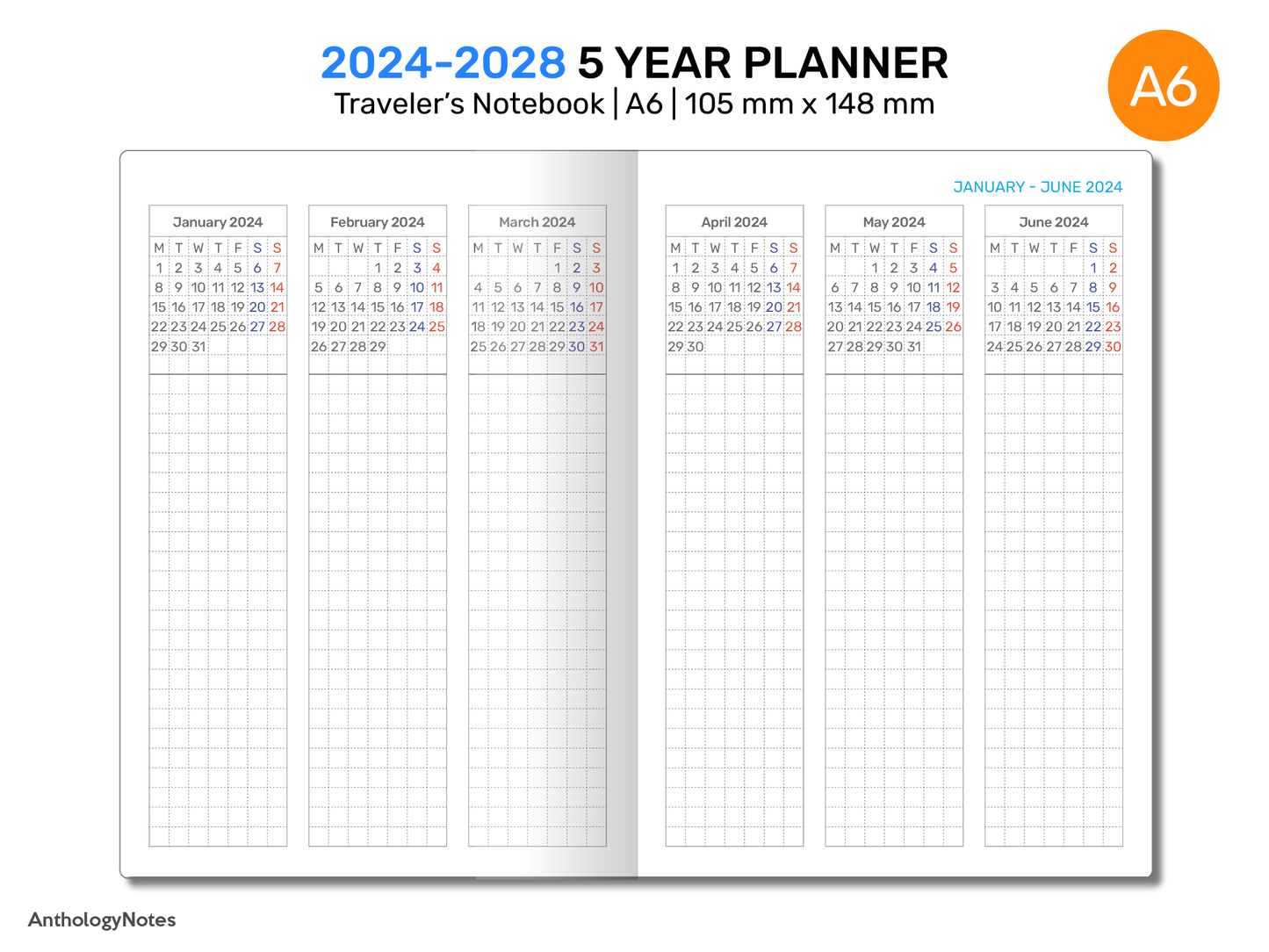 A6 5 YEAR Planner 2024 - 2028 FUTURE Log Vertical GRID for Traveler's Notebook | DA6001-2024