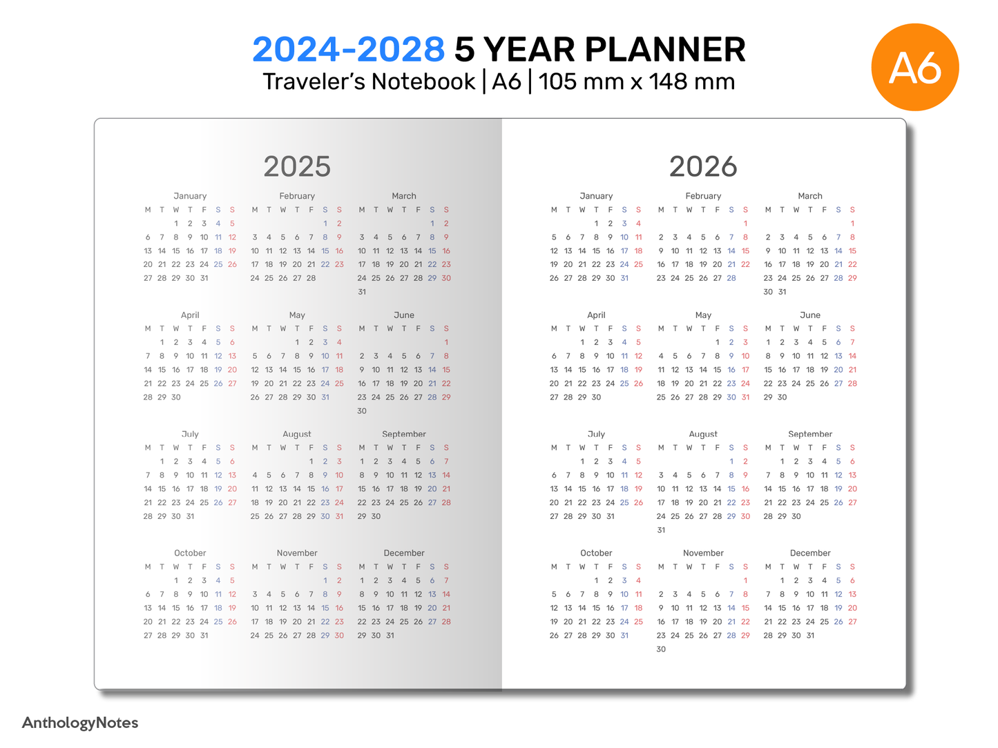 A6 5 YEAR Planner 2024 - 2028 FUTURE Log Vertical GRID for Traveler's Notebook | DA6001-2024