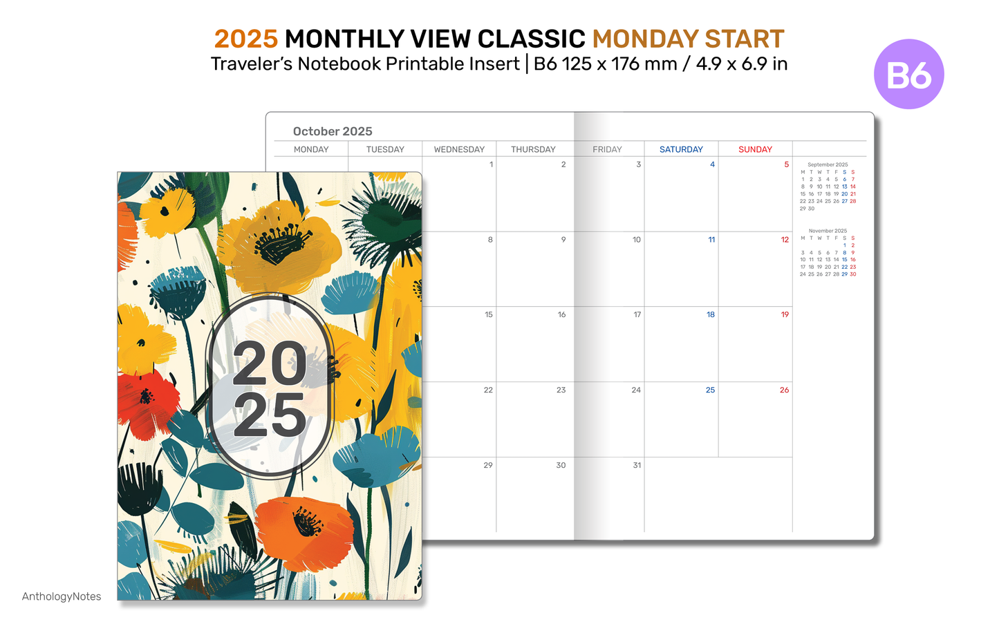 2025 TN B6 Monthly Planner Printable Insert Traveler's Notebook Mo2P Minimalist MONDAY Start