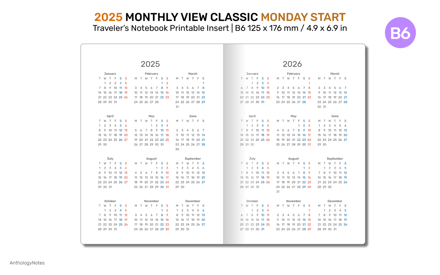 2025 TN B6 Monthly Planner Printable Insert Traveler's Notebook Mo2P Minimalist MONDAY Start