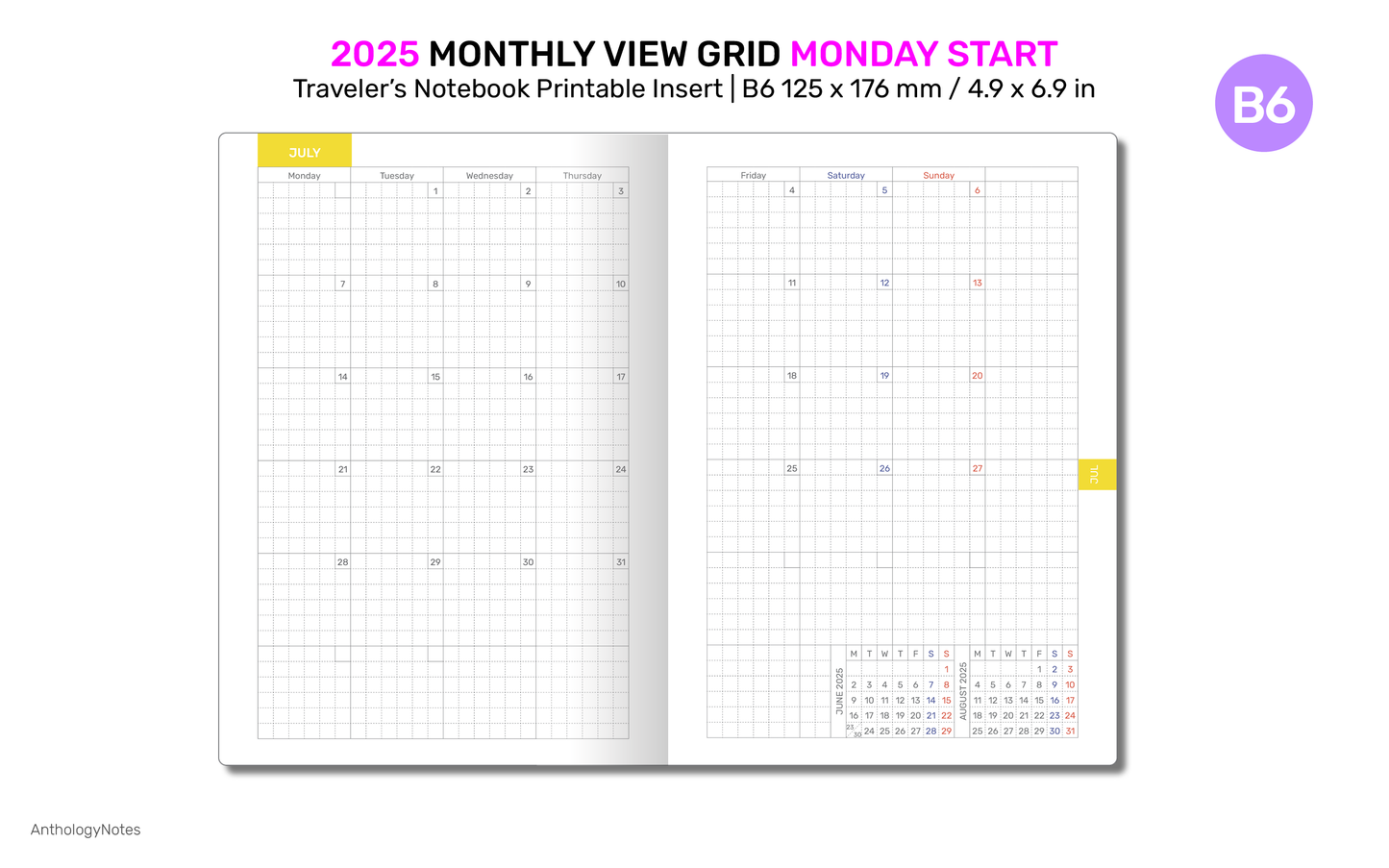 2025 B6 Monthly View Traveler's Notebook Printable Diary Insert, GRID TN Mo2P - DB6010